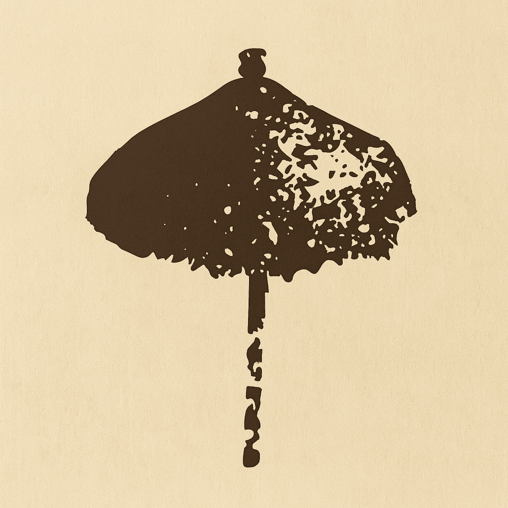 Silhouette of a decorative umbrella with intricate pattern on a beige background.