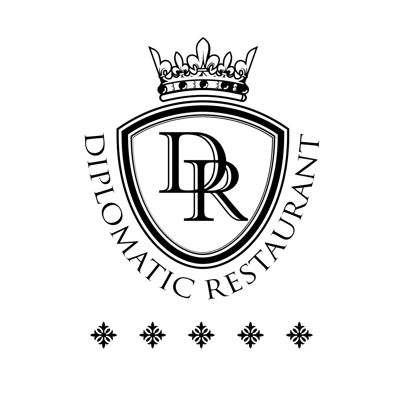 Logo of Diplomatic Restaurant featuring a crown above shield with initials DR.