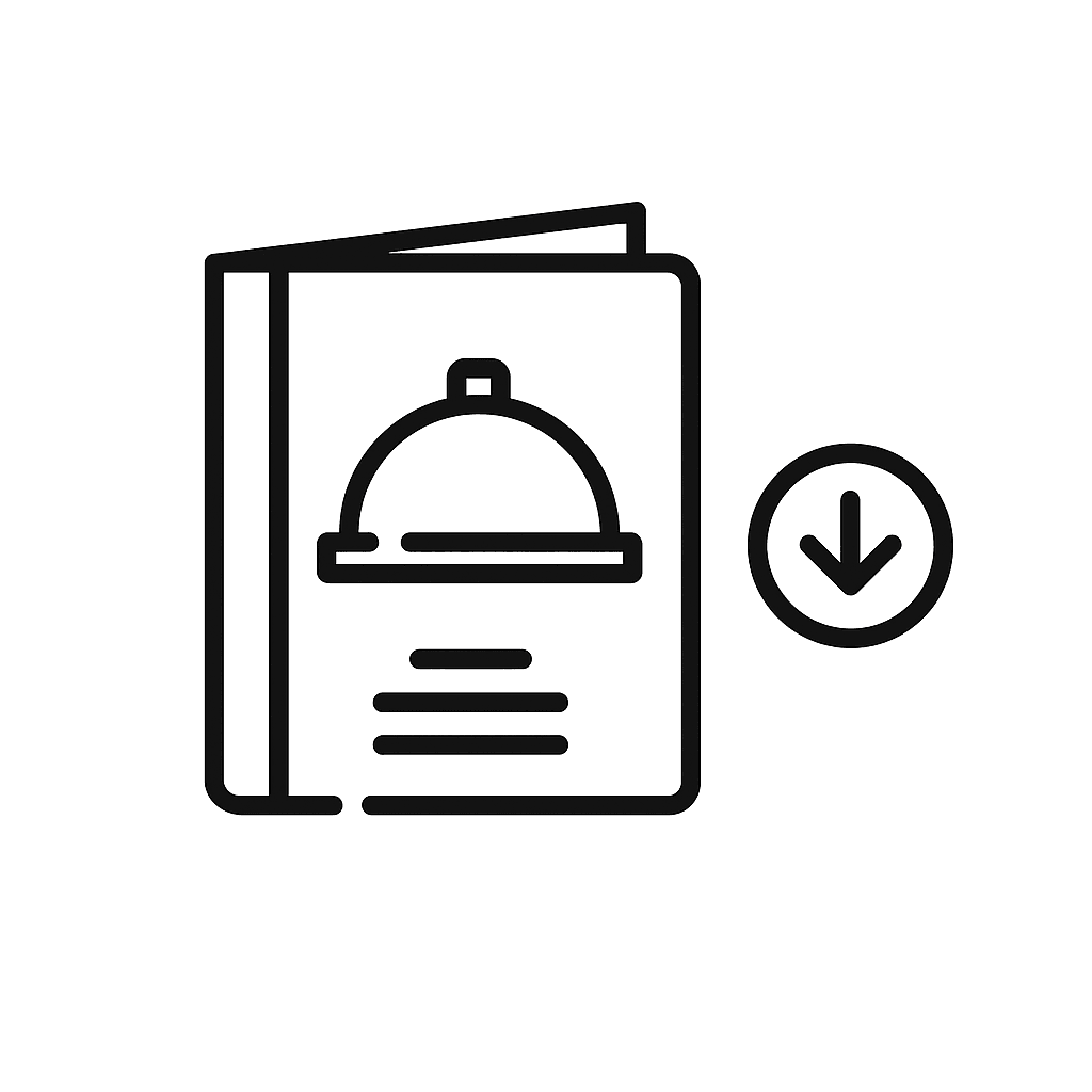 Line icon of a menu with a cloche symbol and a download arrow beside it.