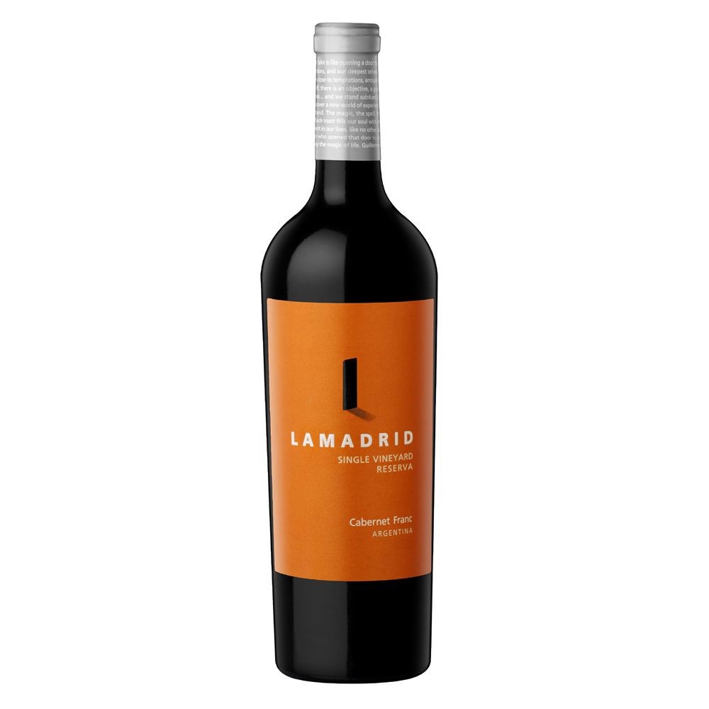 Lamadrid Single Vineyard Reserva Cabernet Franc wine bottle with orange label.