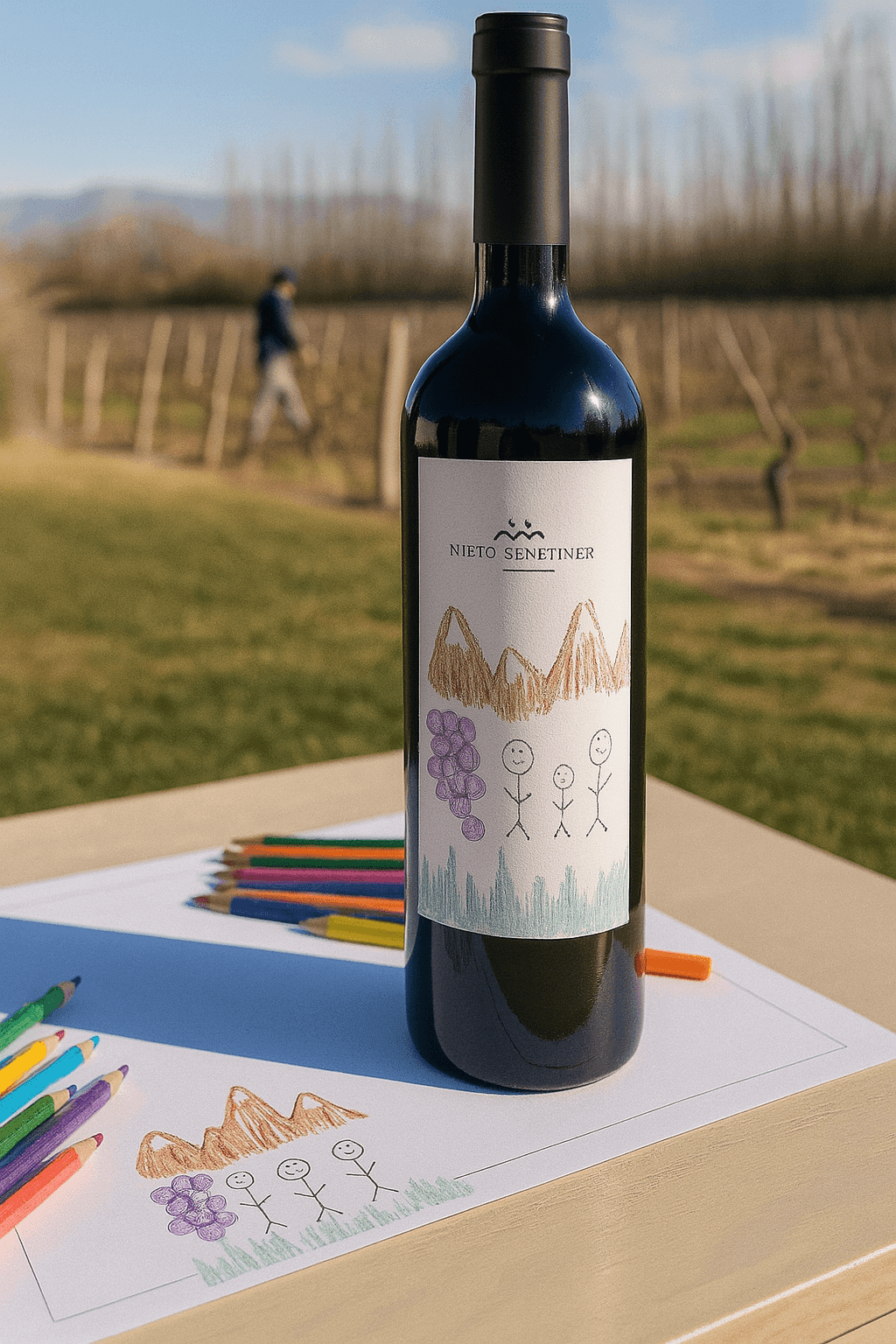 Wine bottle with childlike drawing label, placed on a table beside colored pencils and paper.