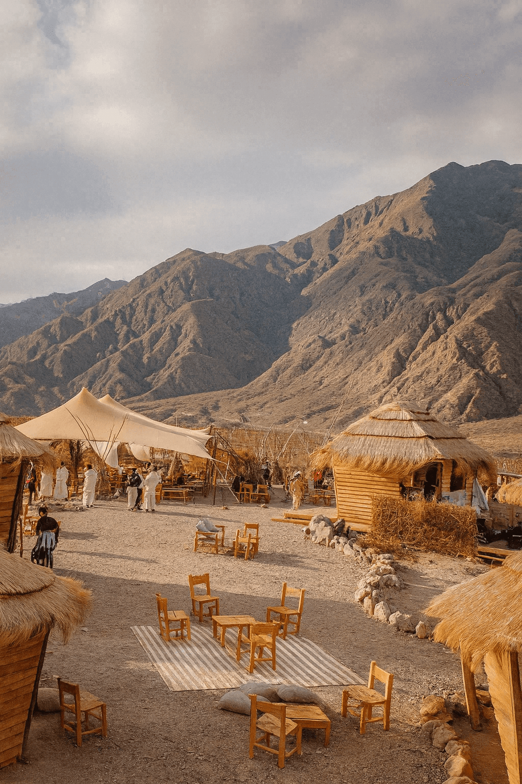 Rustic outdoor seating area with wooden huts and mountain backdrop under a cloudy sky.