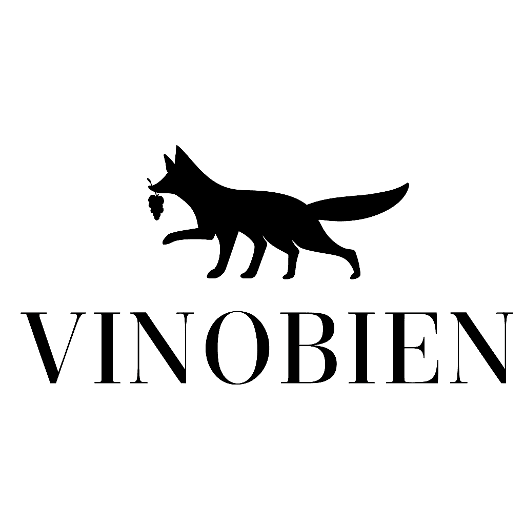 Silhouette of a fox carrying grapes above text 'VINOBIEN'.