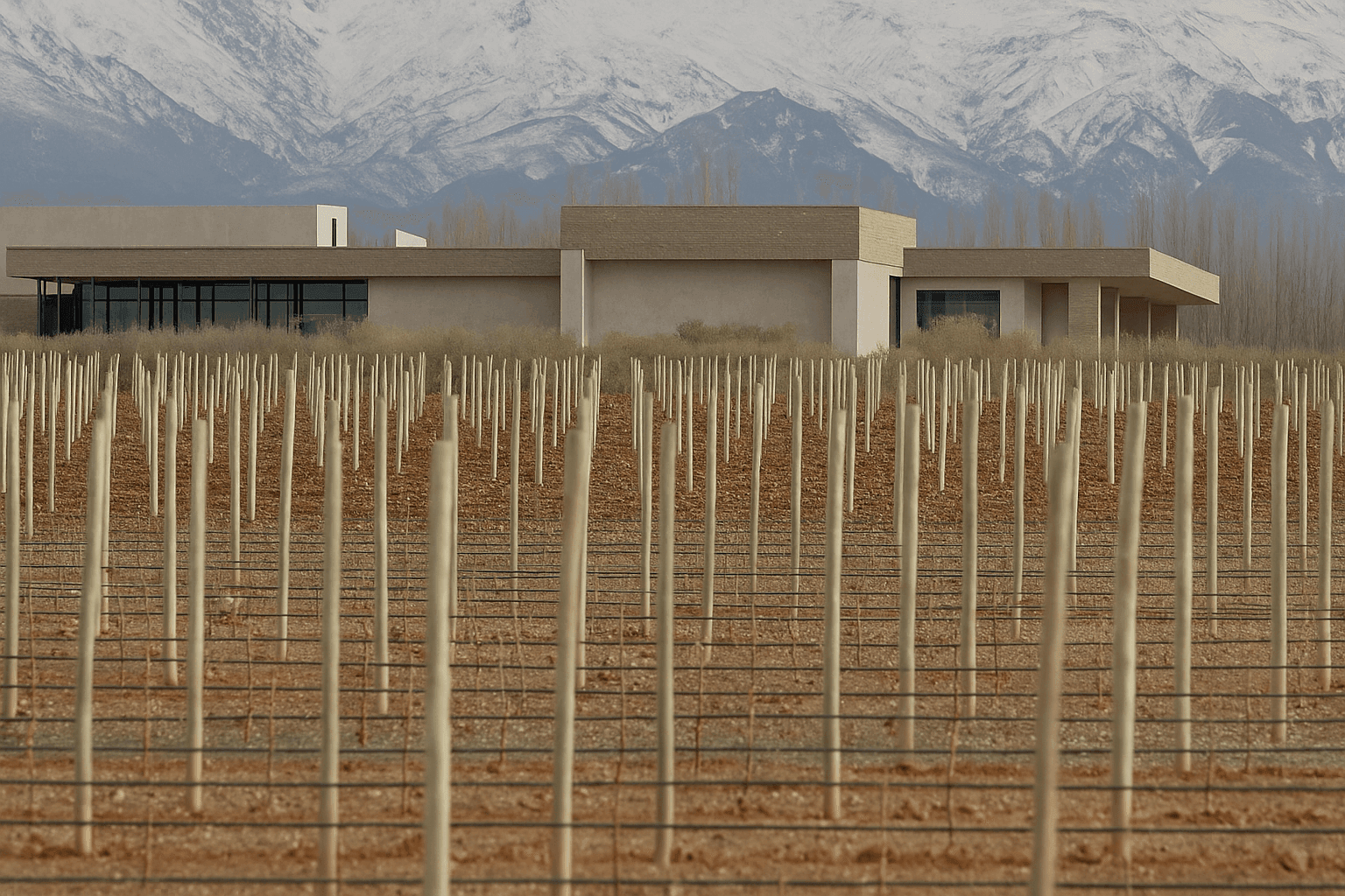 Modern winery building with vineyard in the foreground, set against a backdrop of snow-covered mountains.