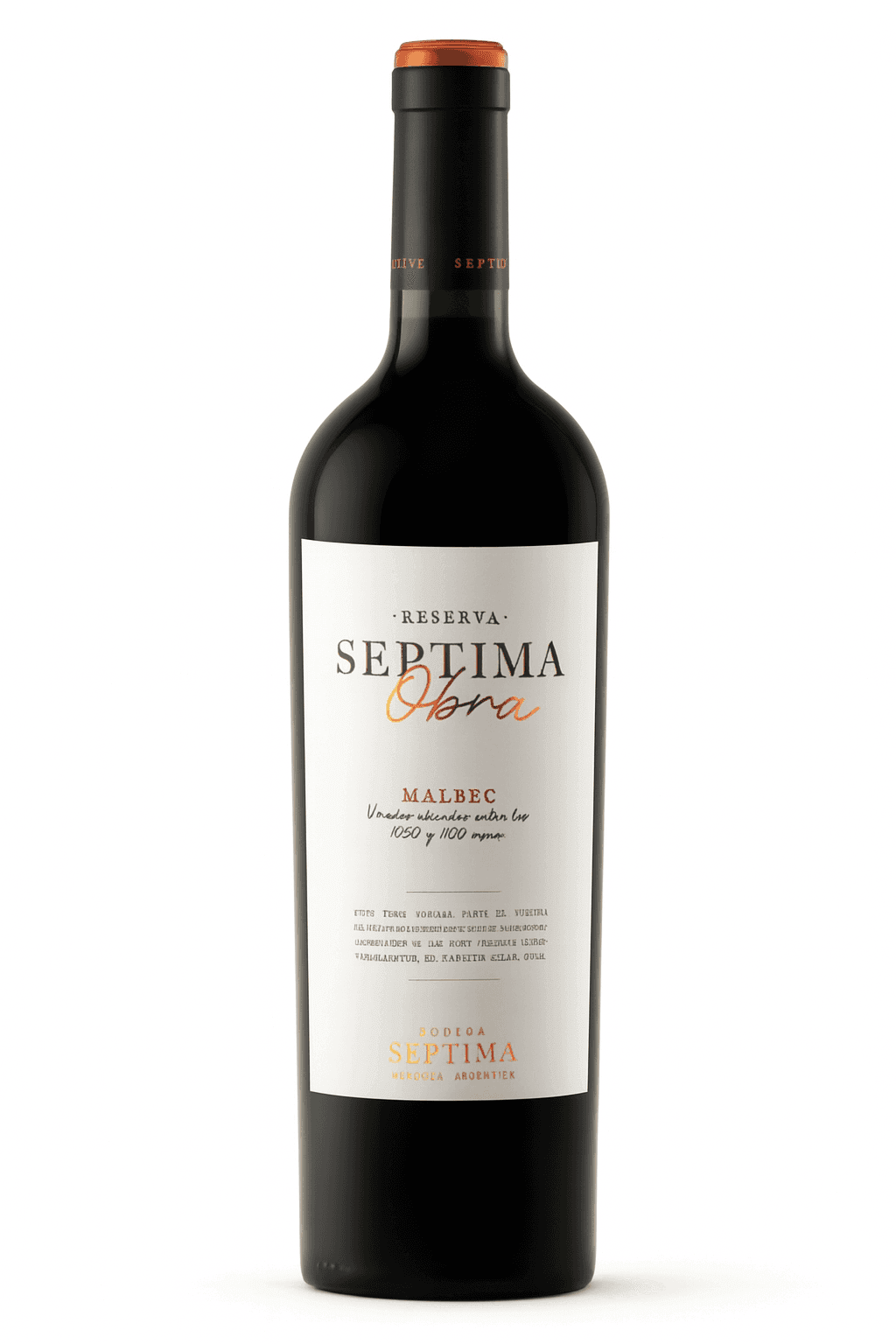Bottle of Septima Reserva Obra Malbec wine with a white label and red foil cap.