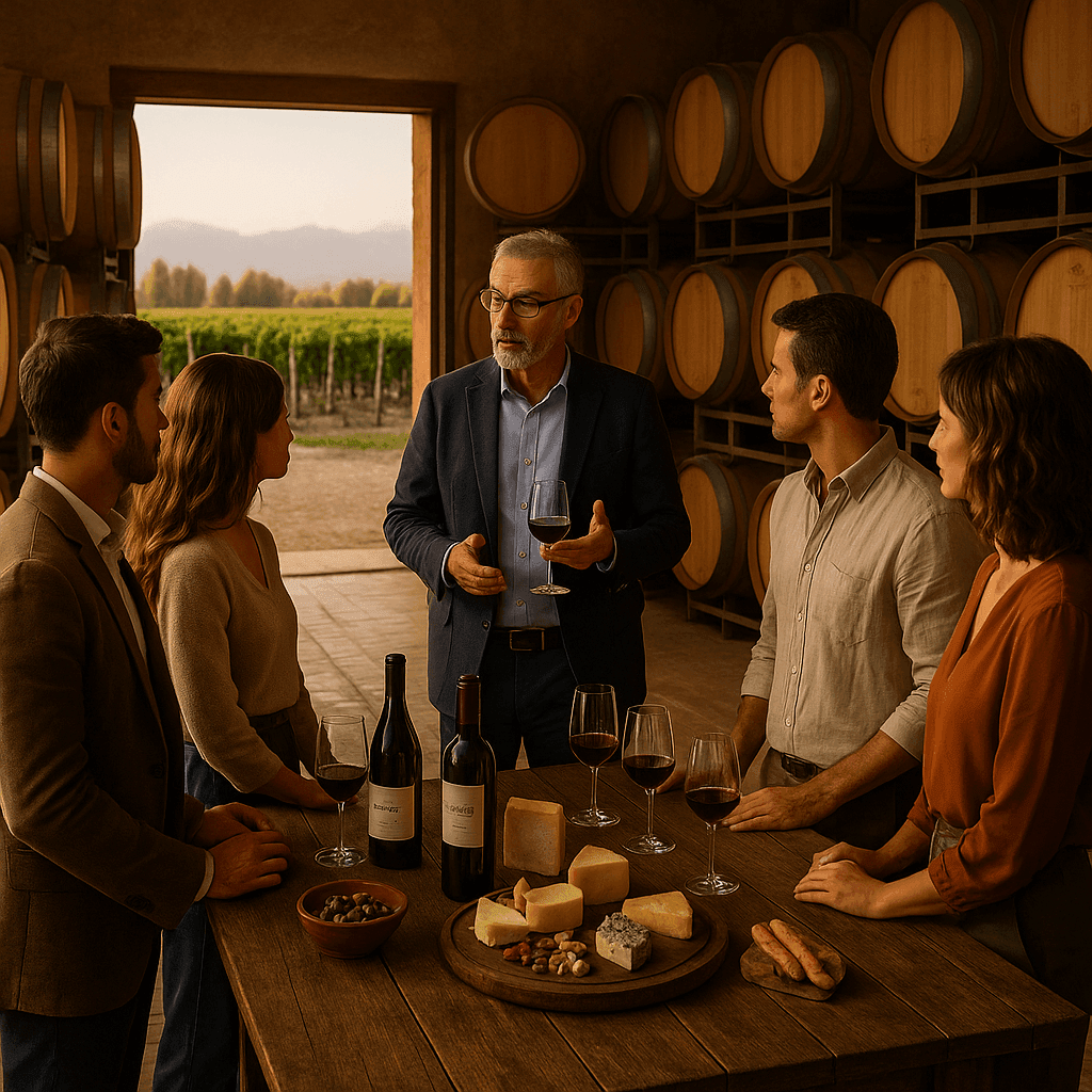 Group of people tasting wine and cheese in a winery with barrels and vineyard view.