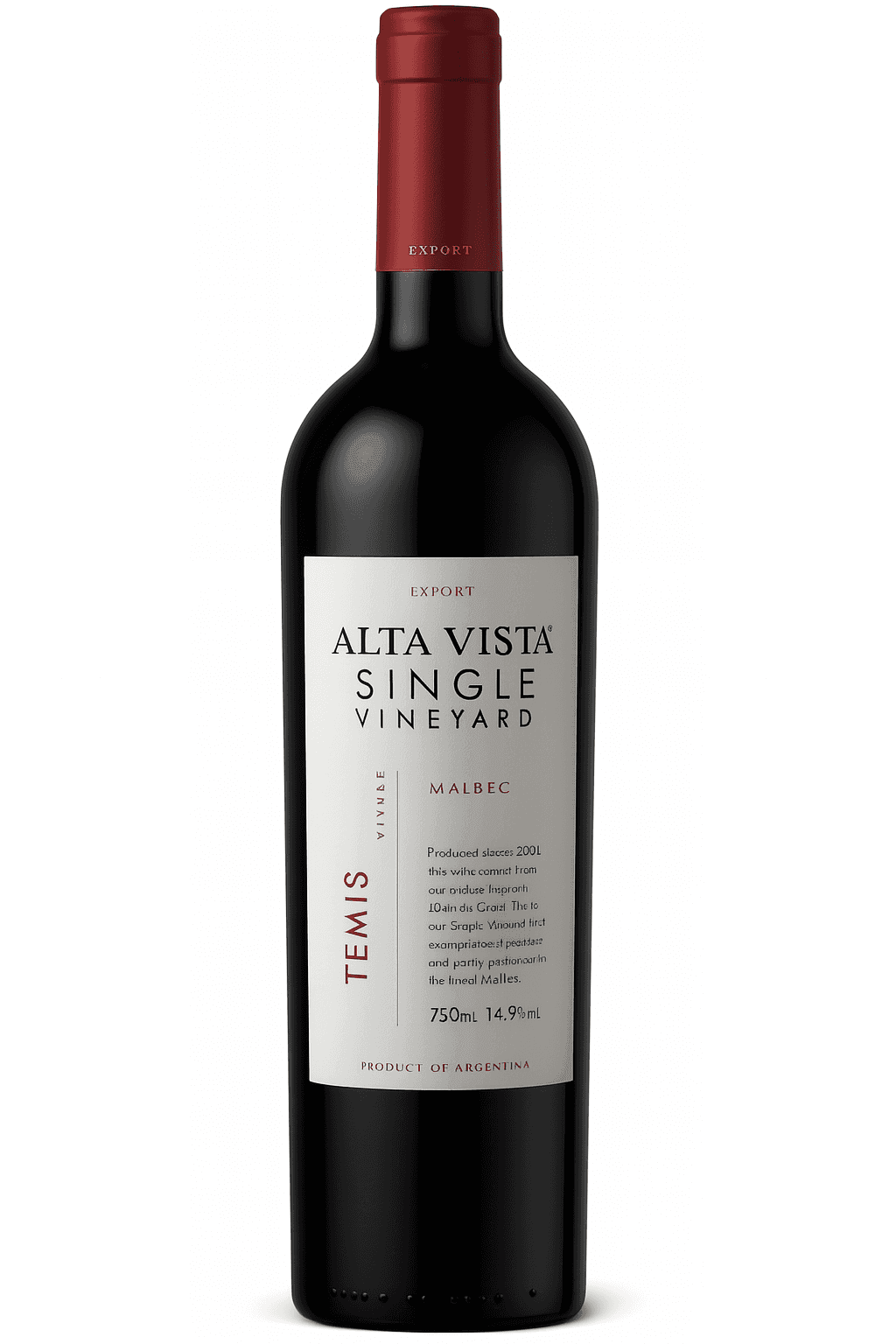 Alta Vista Single Vineyard Malbec wine bottle with red cap and white label.