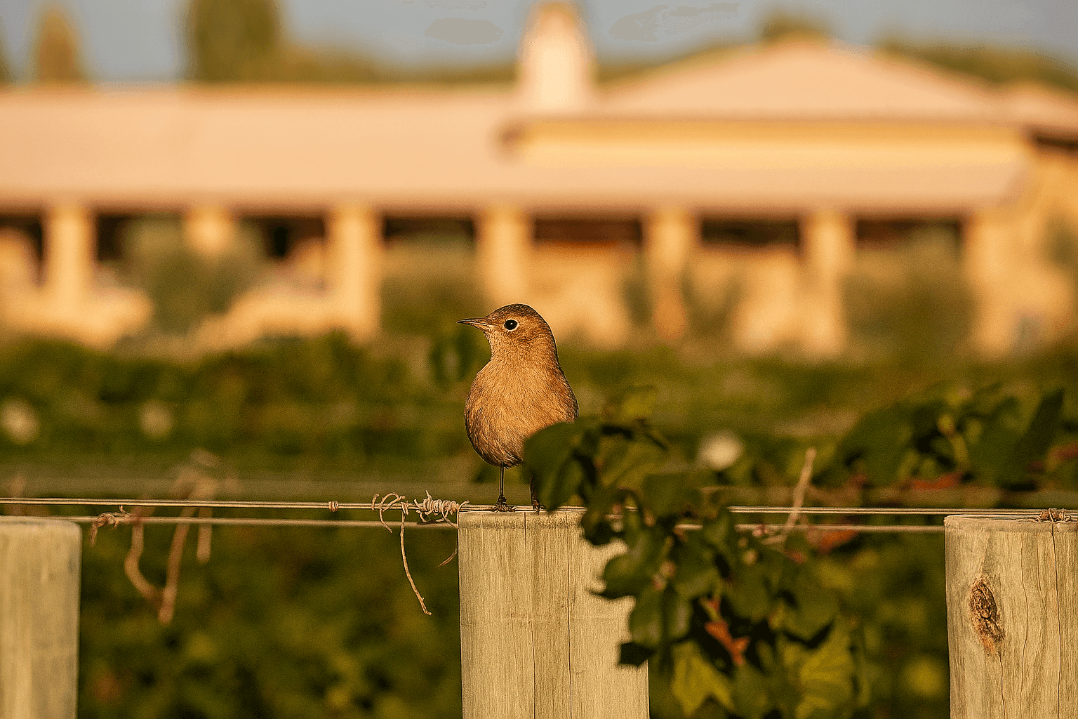 Small brown bird perched on a wire against a blurred background of greenery and a building.