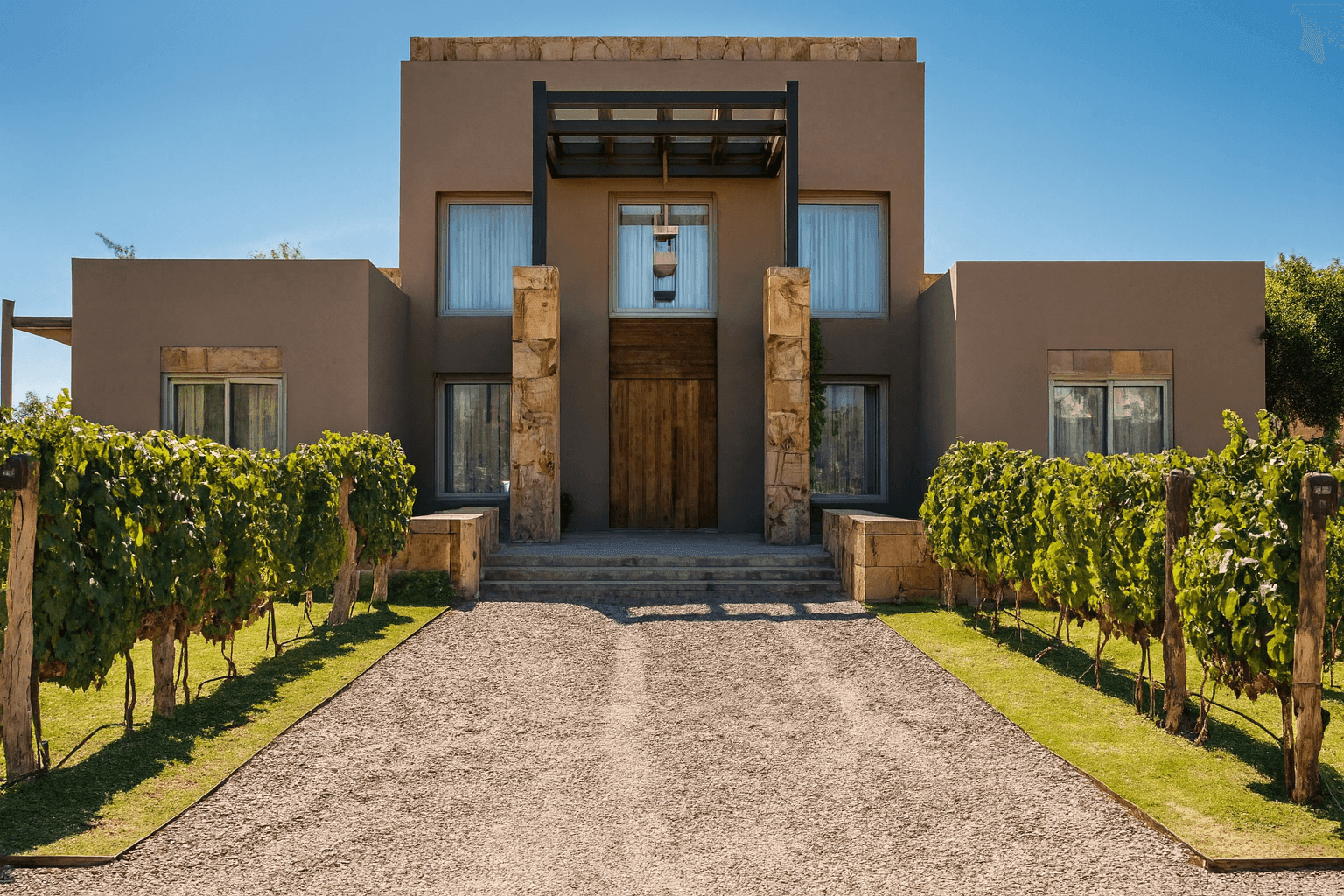 Modern house with large windows and stone pillars, surrounded by lush vineyards under a clear blue sky.