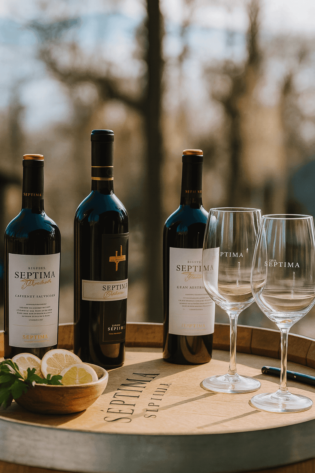 Three wine bottles and two glasses on a wooden barrel with a bowl of lemon slices.