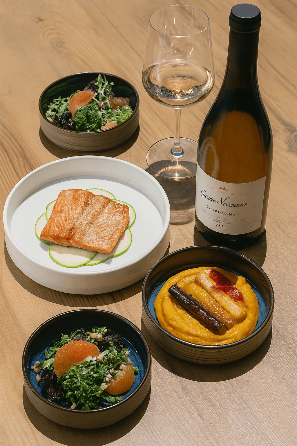 Gourmet meal with salmon, salads, root vegetables, and Chardonnay on a wooden table.