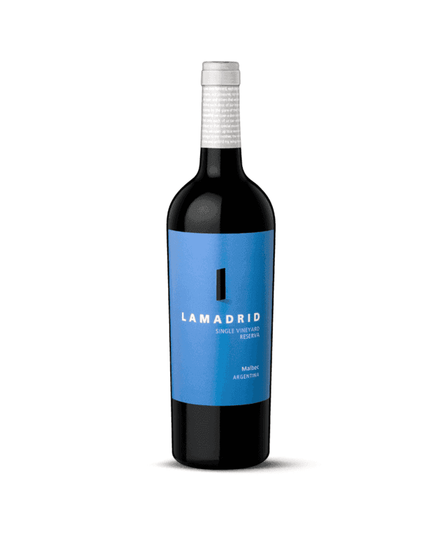 Bottle of Lamadrid Single Vineyard Reserva Malbec with a blue label.