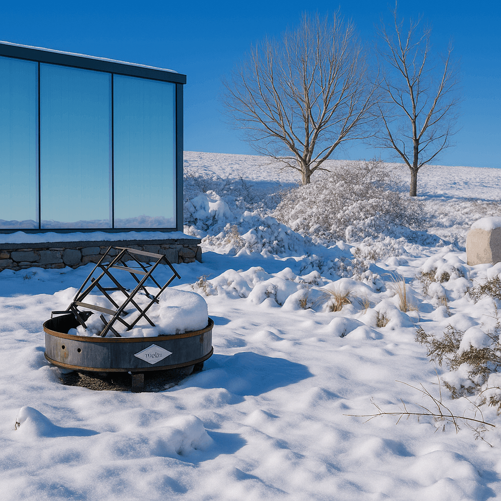 Snow-covered landscape with a metal structure and glass building under a clear blue sky.