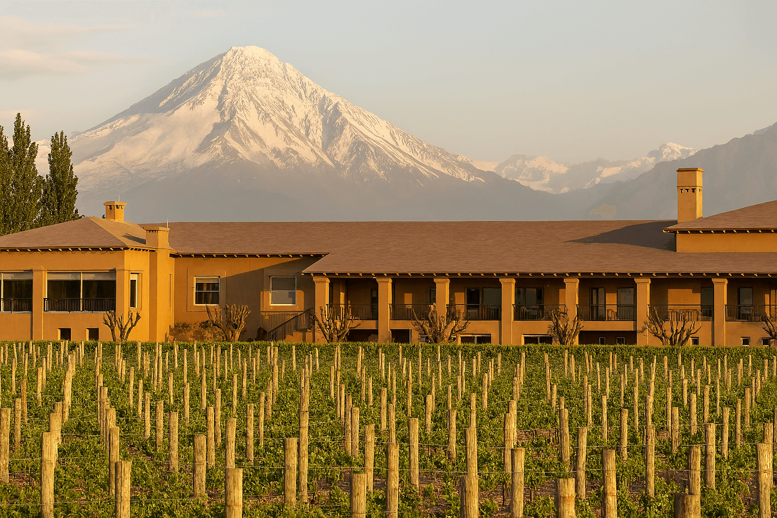 Vineyard with a large building and snow-capped mountain in the background at sunset.