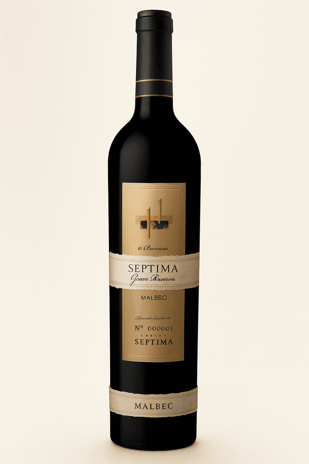 Bottle of Septima Gran Reserva Malbec wine with a gold label and black cap.