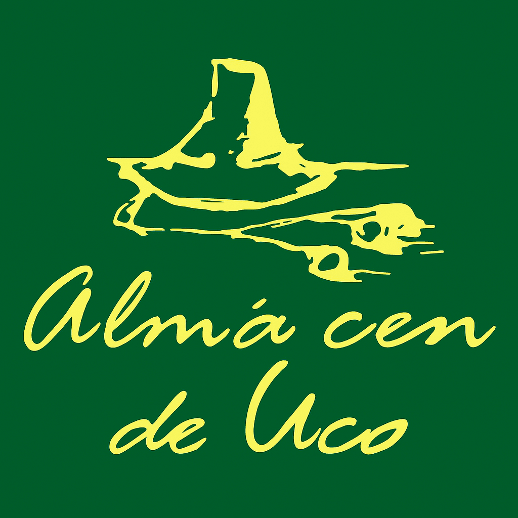 Yellow mountain sketch with 'Almá cen de Uco' text on a green background.