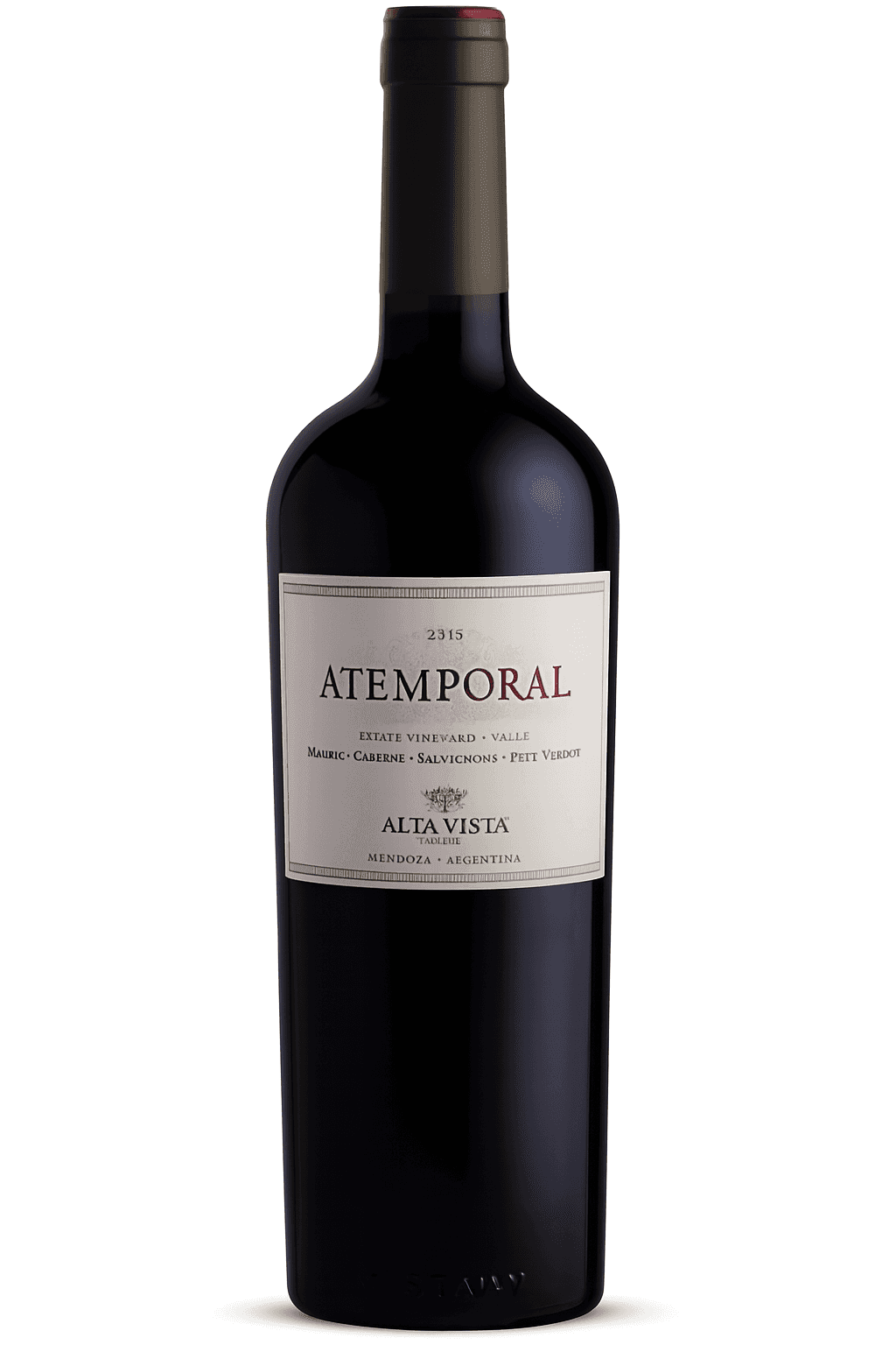 Bottle of Alta Vista Atemporal red wine with label details.