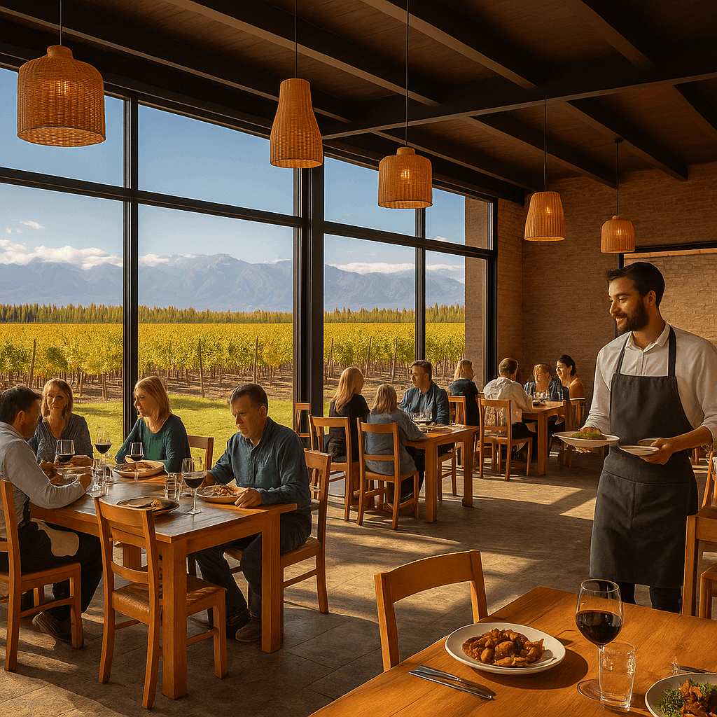 Restaurant with large windows showcasing a vineyard view, diners enjoying meals, and waiter serving dishes.