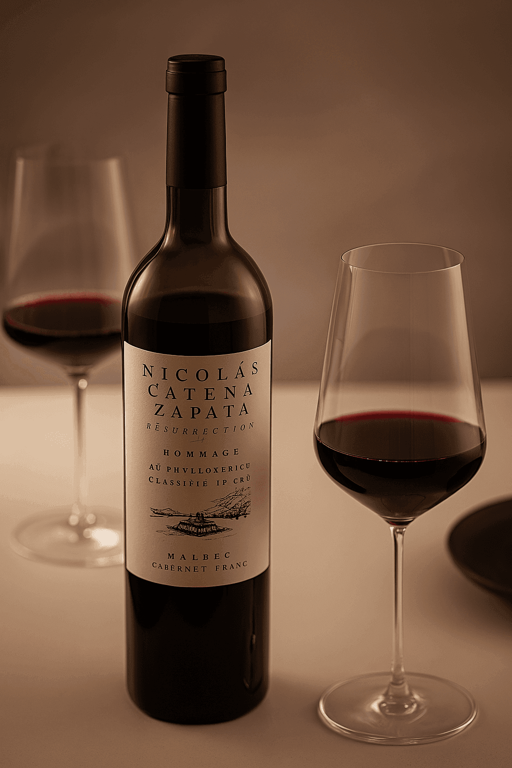 Bottle of Nicolás Catena Zapata wine with two filled glasses on a table.