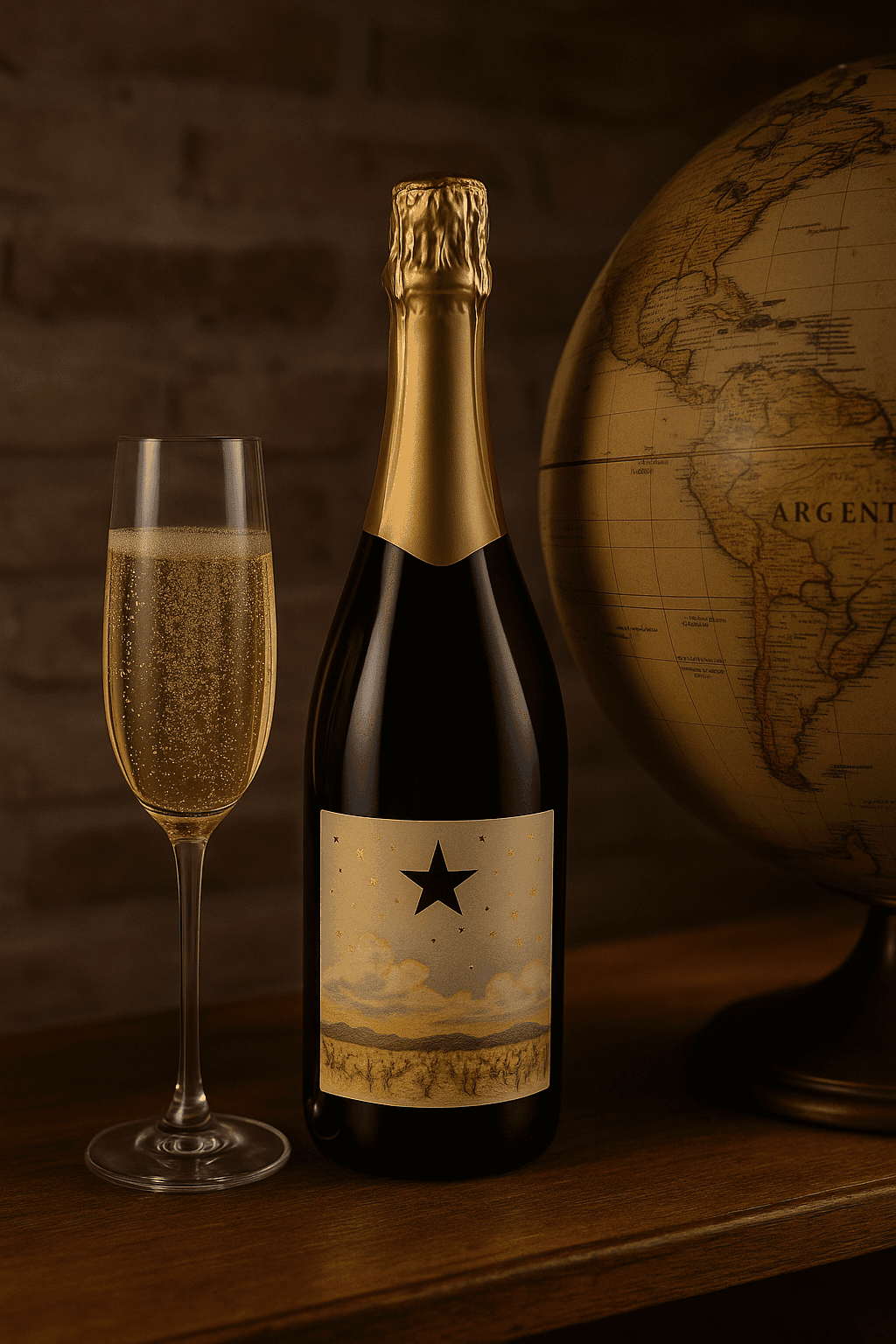 Champagne bottle next to a filled flute and partial globe on a wooden surface.