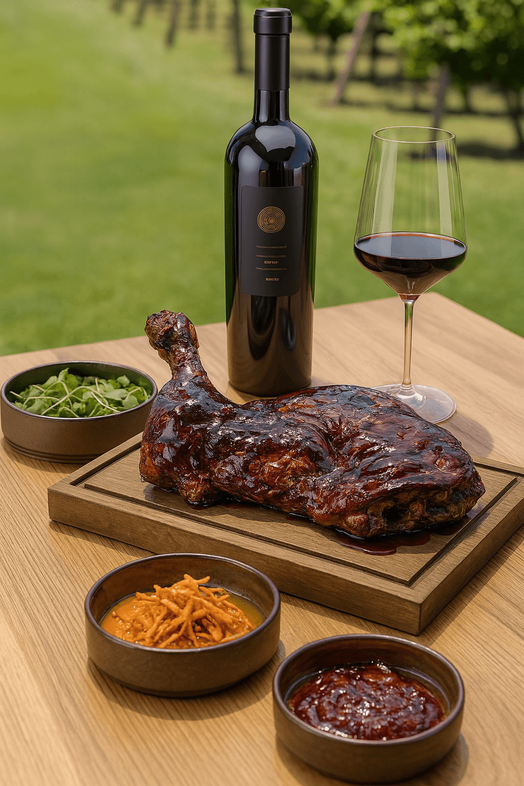 Grilled meat served with red wine and assorted sauces on an outdoor table.