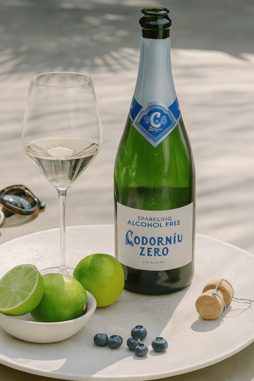 Bottle of sparkling alcohol-free drink with a glass and fresh limes on a table.