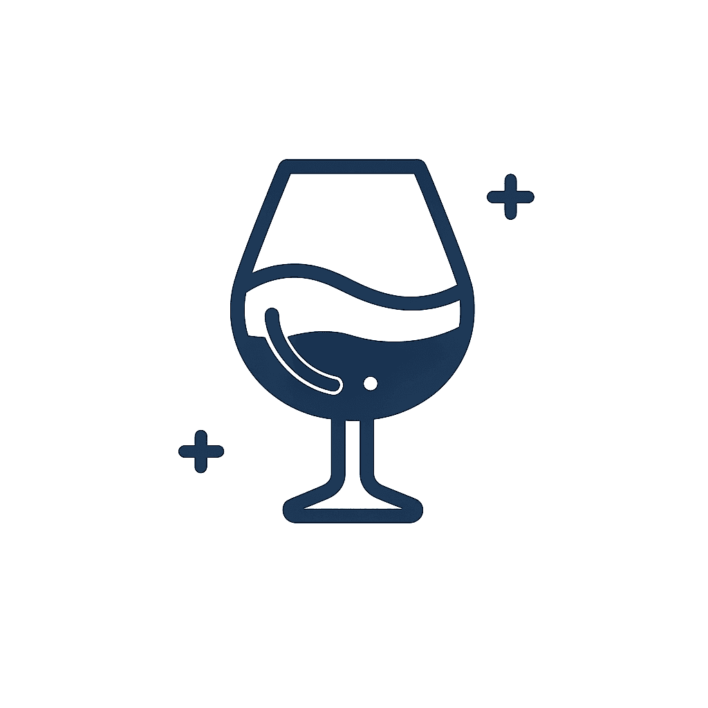Illustration of a wine glass with liquid inside and decorative plus signs around it.