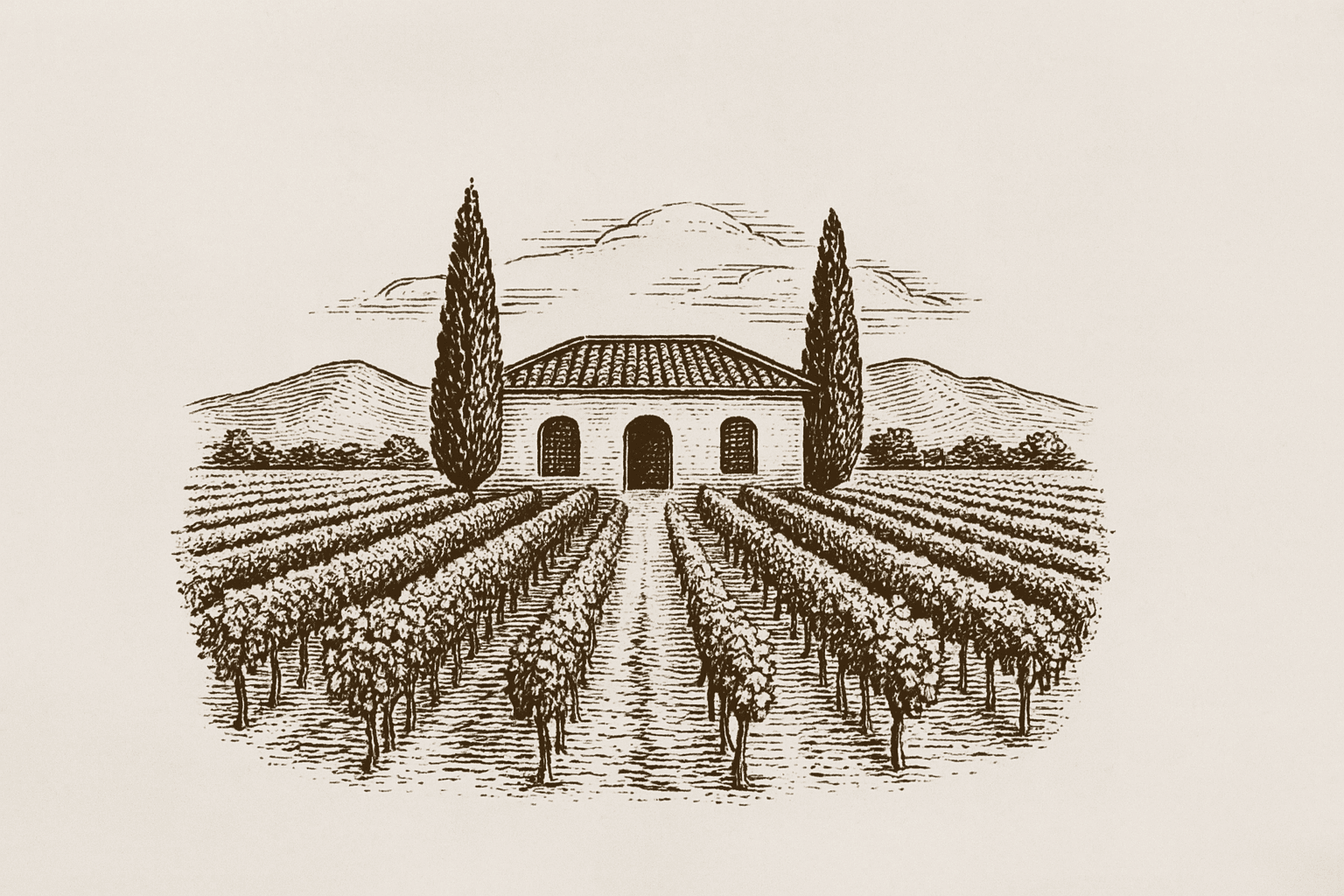 Vintage illustration of a vineyard with a house and cypress trees, set against distant hills.