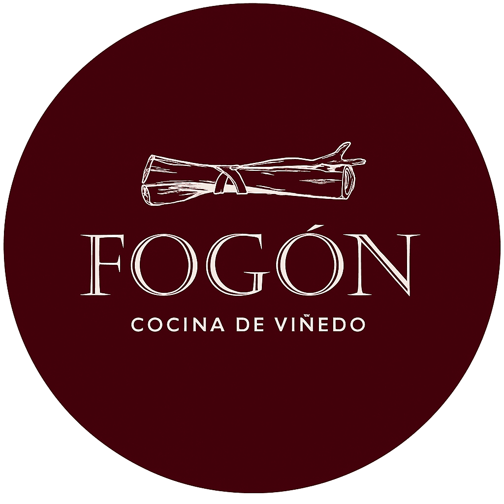 Logo with the word 'Fogón' and illustration of logs on a dark red background.