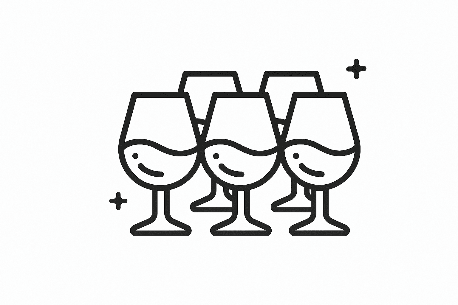 Line drawing of five wine glasses with smiling faces and asterisks in the background.