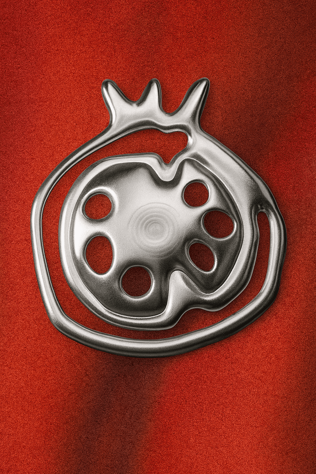 Abstract metallic shape resembling a stylized pomegranate, set against a vibrant red textured background.