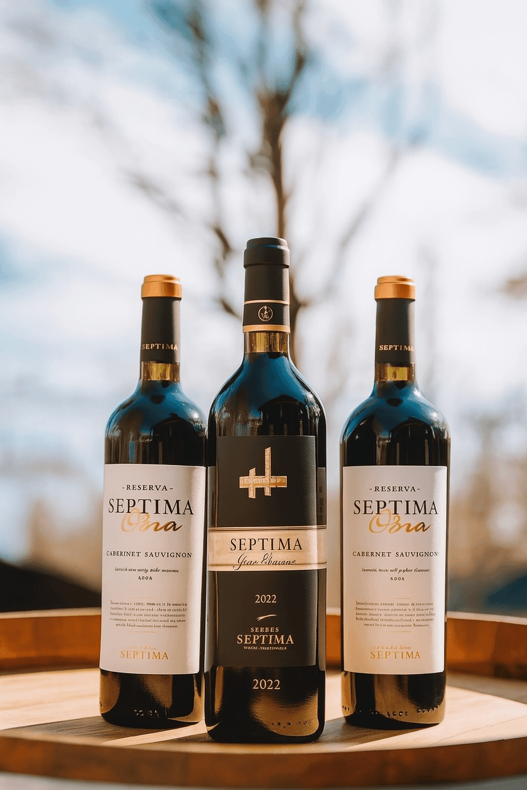 Three bottles of Septima wine on a wooden surface, outdoors against a blurred background.