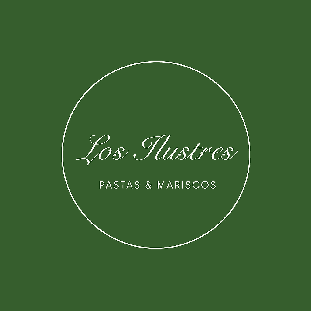 Green logo featuring 'Los Ilustres Pastas & Mariscos' inside a white circle.