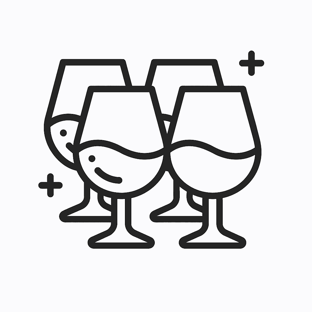Minimalist illustration of four wine glasses with smiling faces and plus signs.