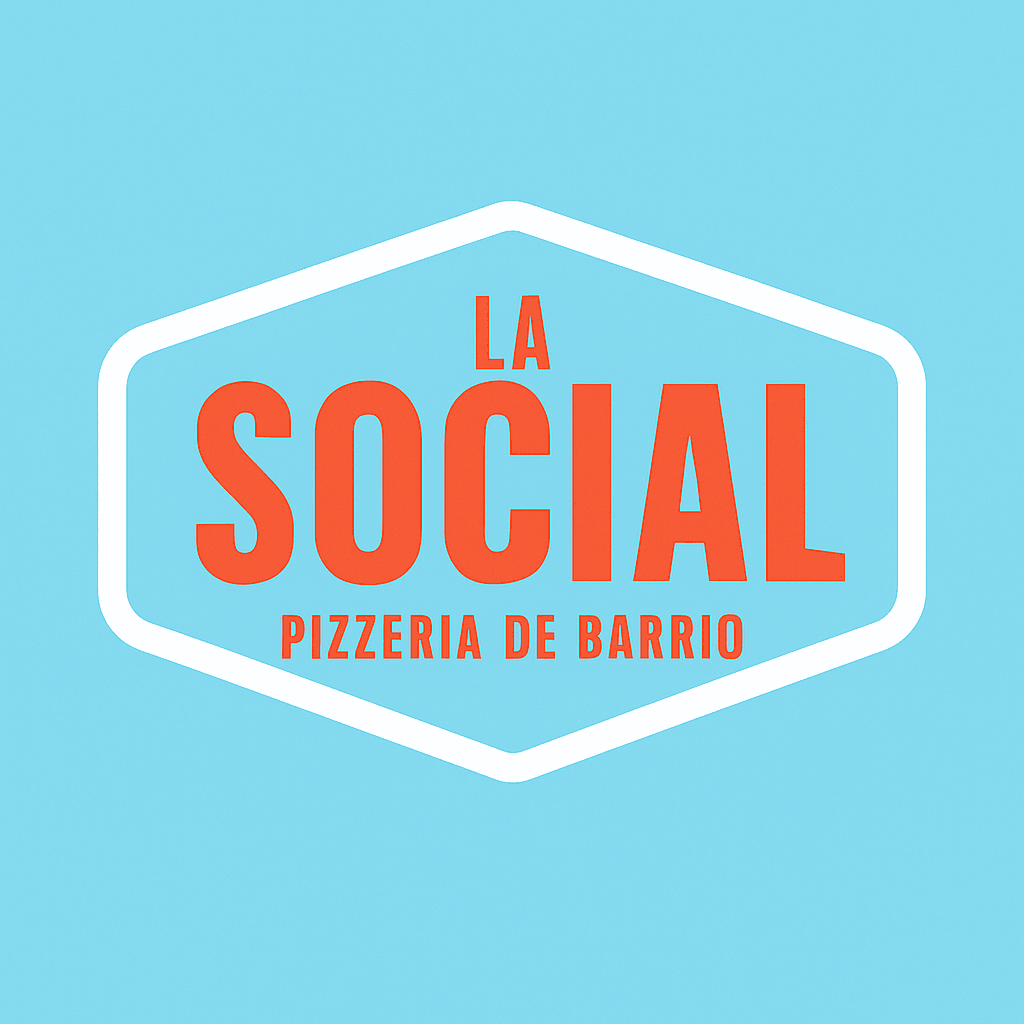 Logo of La Social Pizzeria de Barrio in orange text on a light blue background.