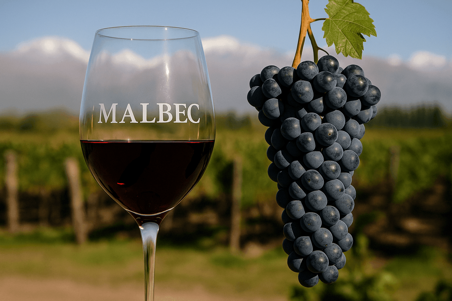 Glass of Malbec wine next to a bunch of grapes in a vineyard setting.
