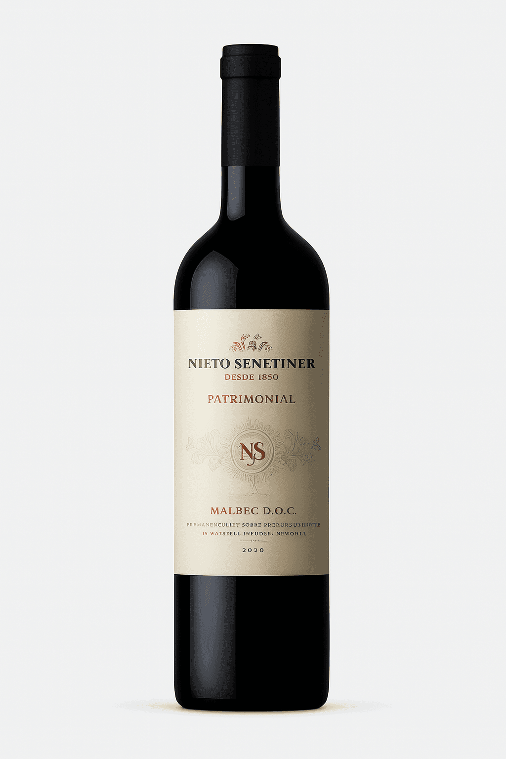 Bottle of Nieto Senetiner Malbec wine with a beige label on a white background.