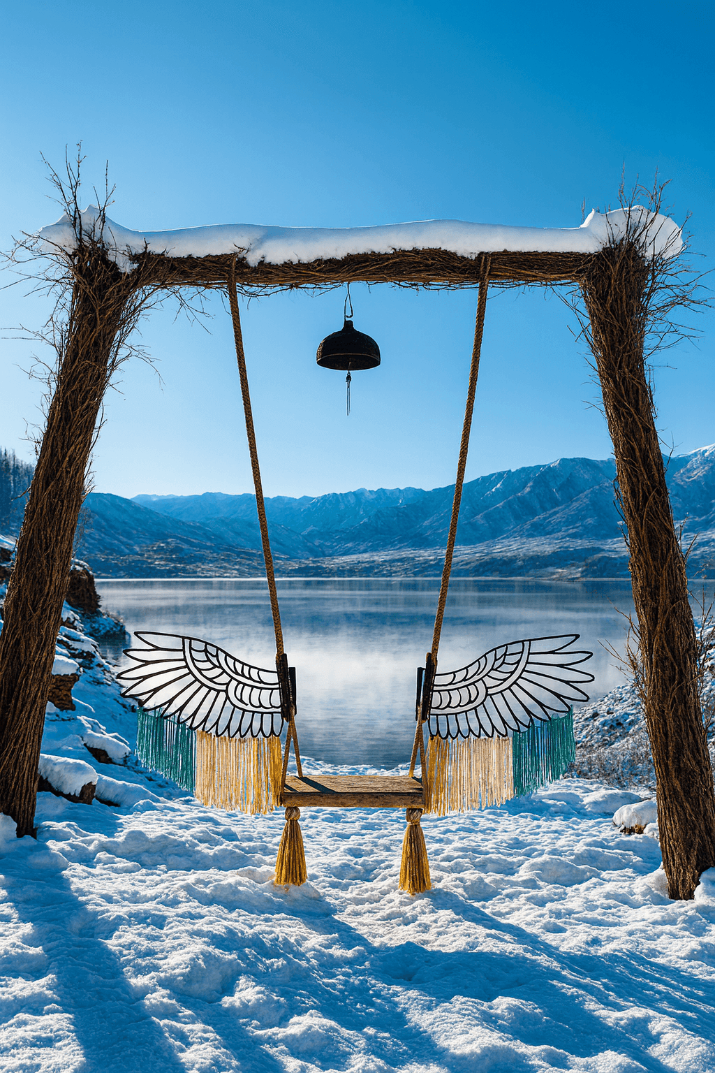 Swing with decorative wings and a bell over snowy landscape by a lake, mountains in the background.