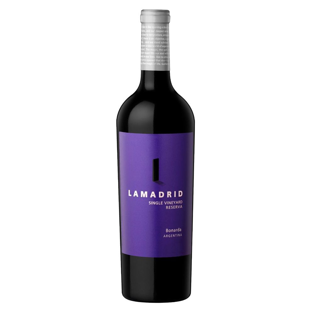 Bottle of Lamadrid Bonarda Argentina wine with purple label.
