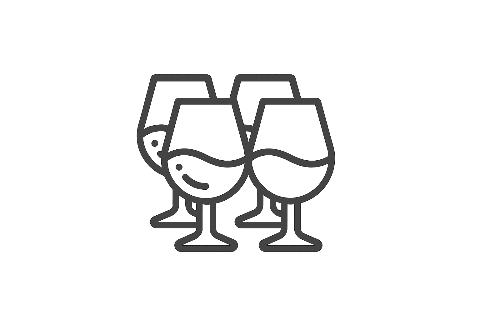 Line drawing of four wine glasses with smiley faces inside, symbolizing happy drinks.
