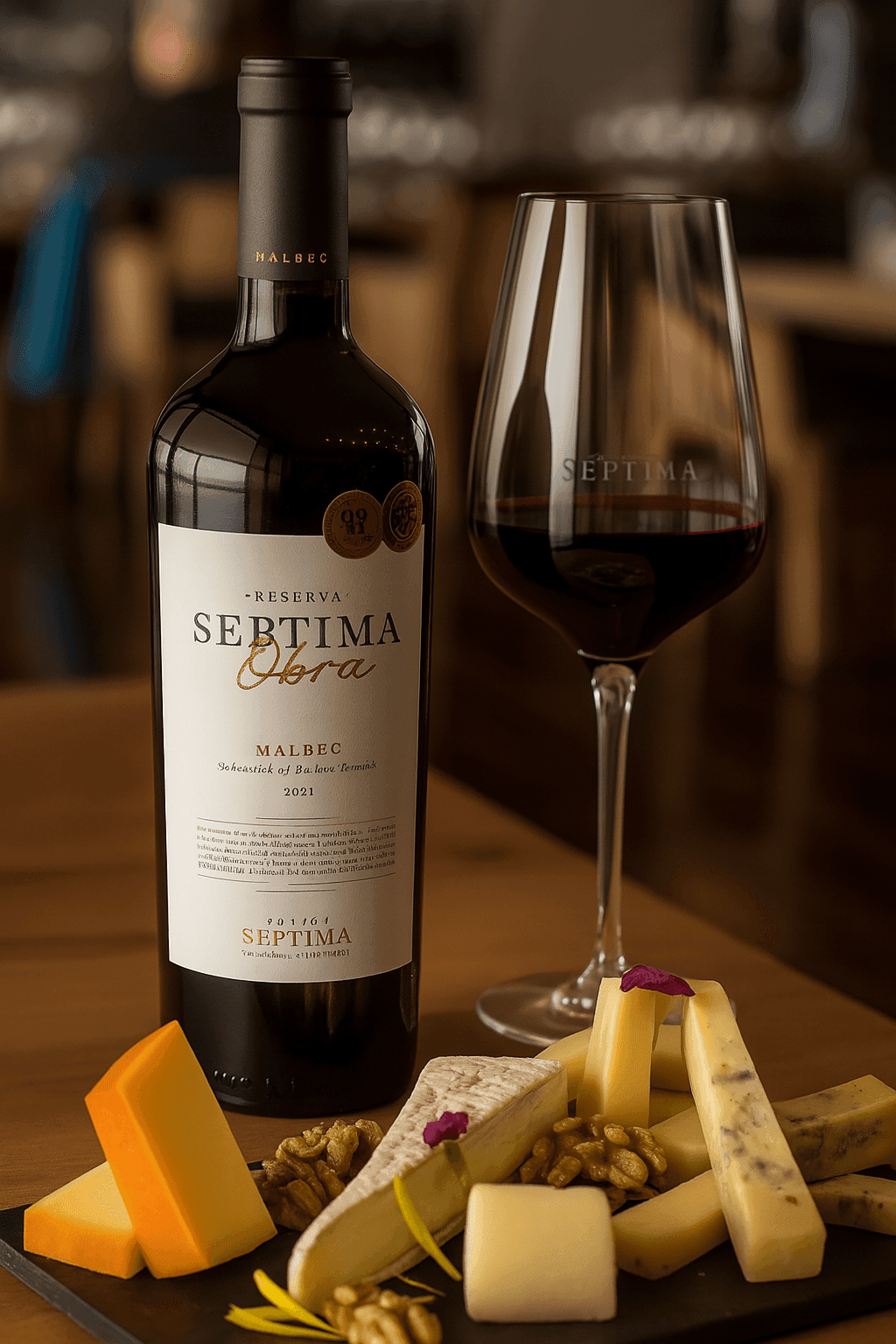Bottle of red wine with a glass and assorted cheese on a wooden table.