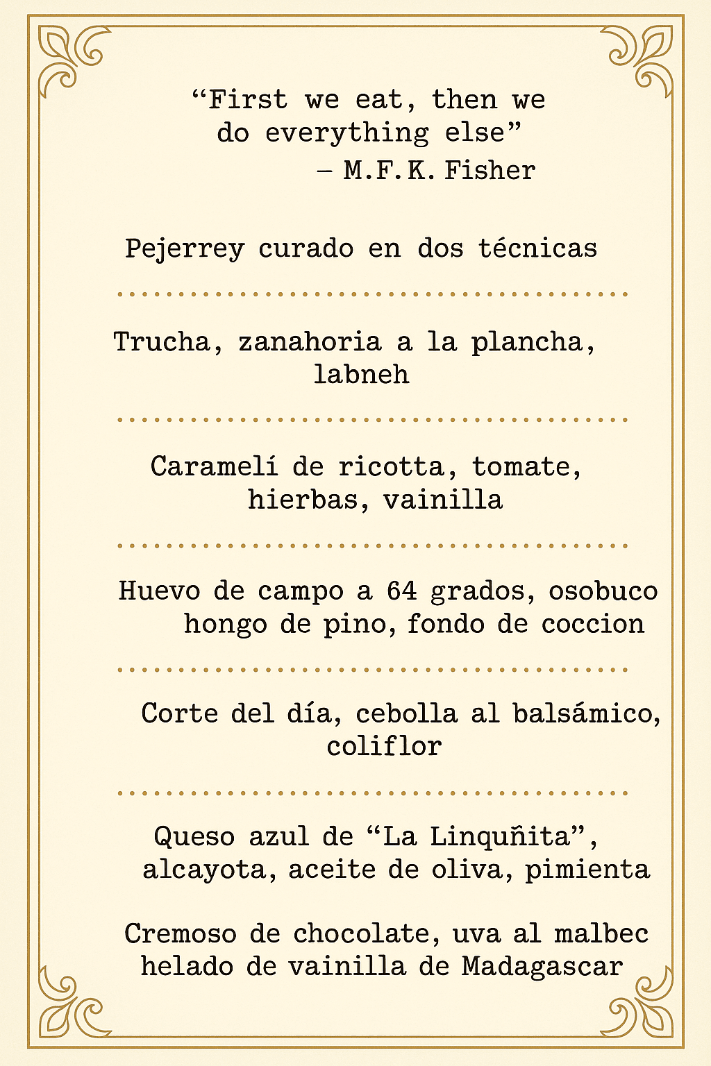 Menu with quote by M.F.K. Fisher, listing various gourmet dishes with ingredients in Spanish.