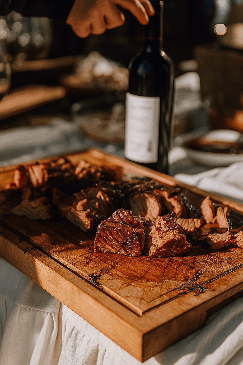 Grilled meat pieces on a wooden board with a person holding a wine bottle in the background.