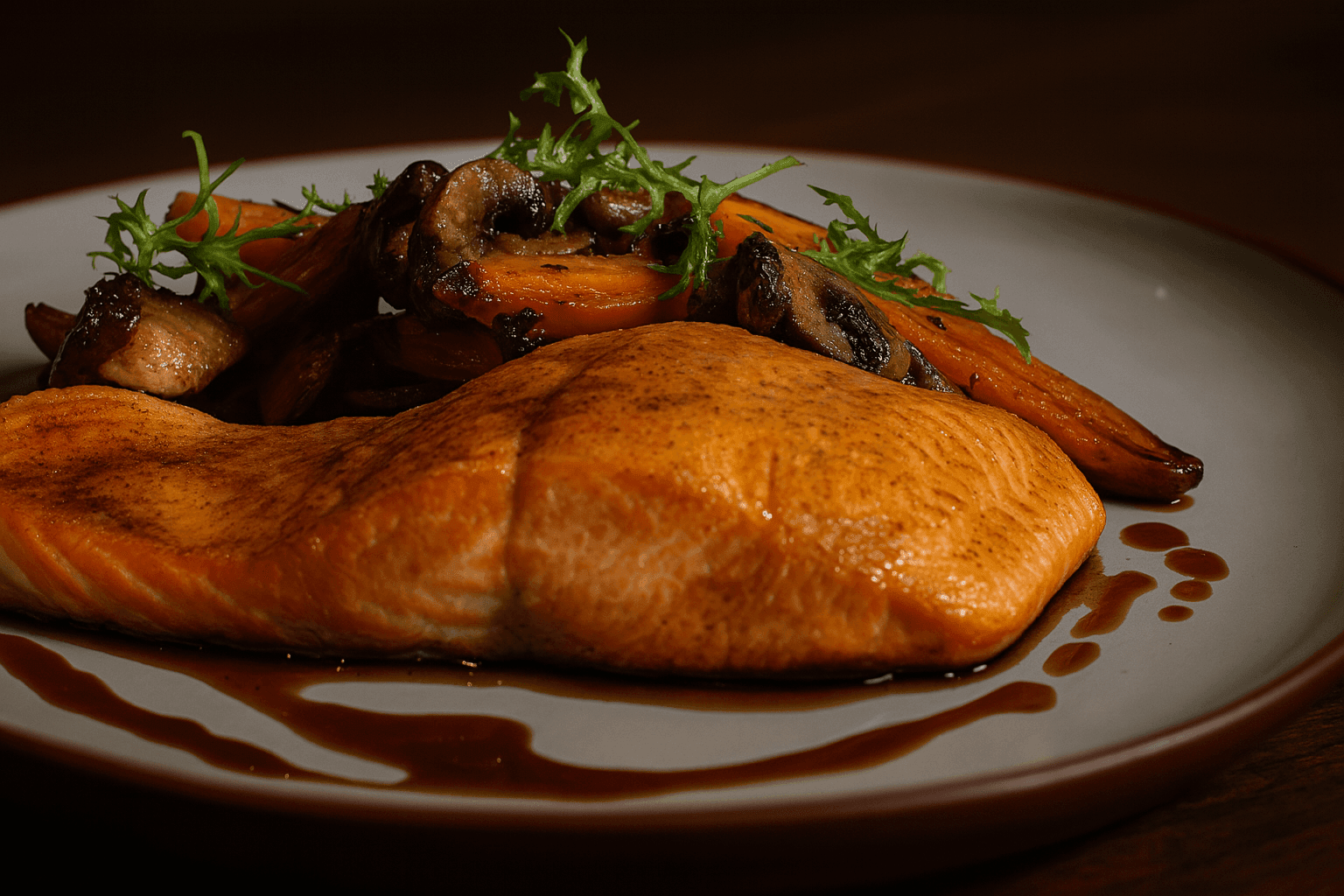 Pan-seared salmon fillet with roasted carrots, mushrooms, and a garnish on a plate.