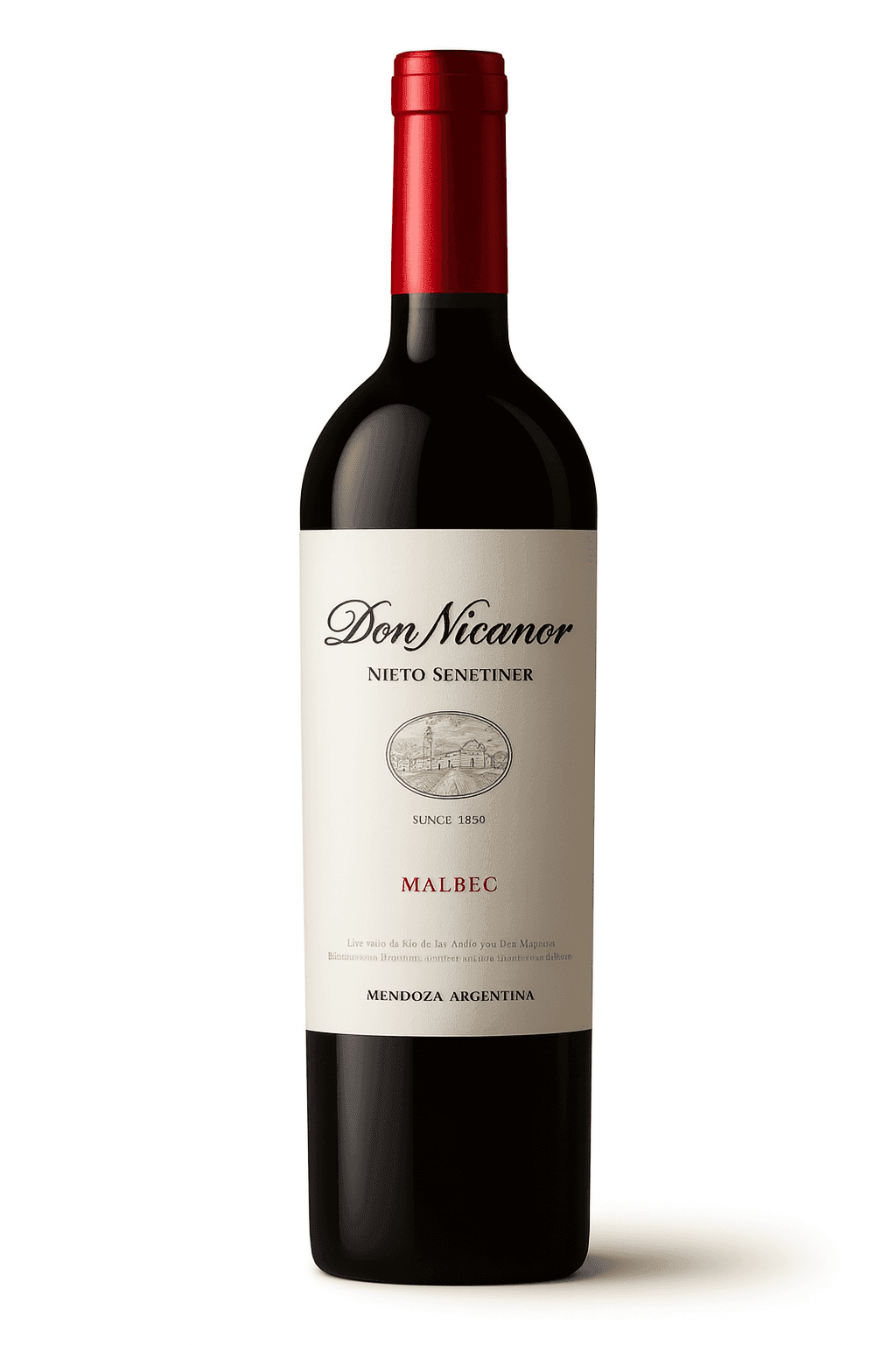 Bottle of Don Nicanor Malbec wine with a red cap and cream label.