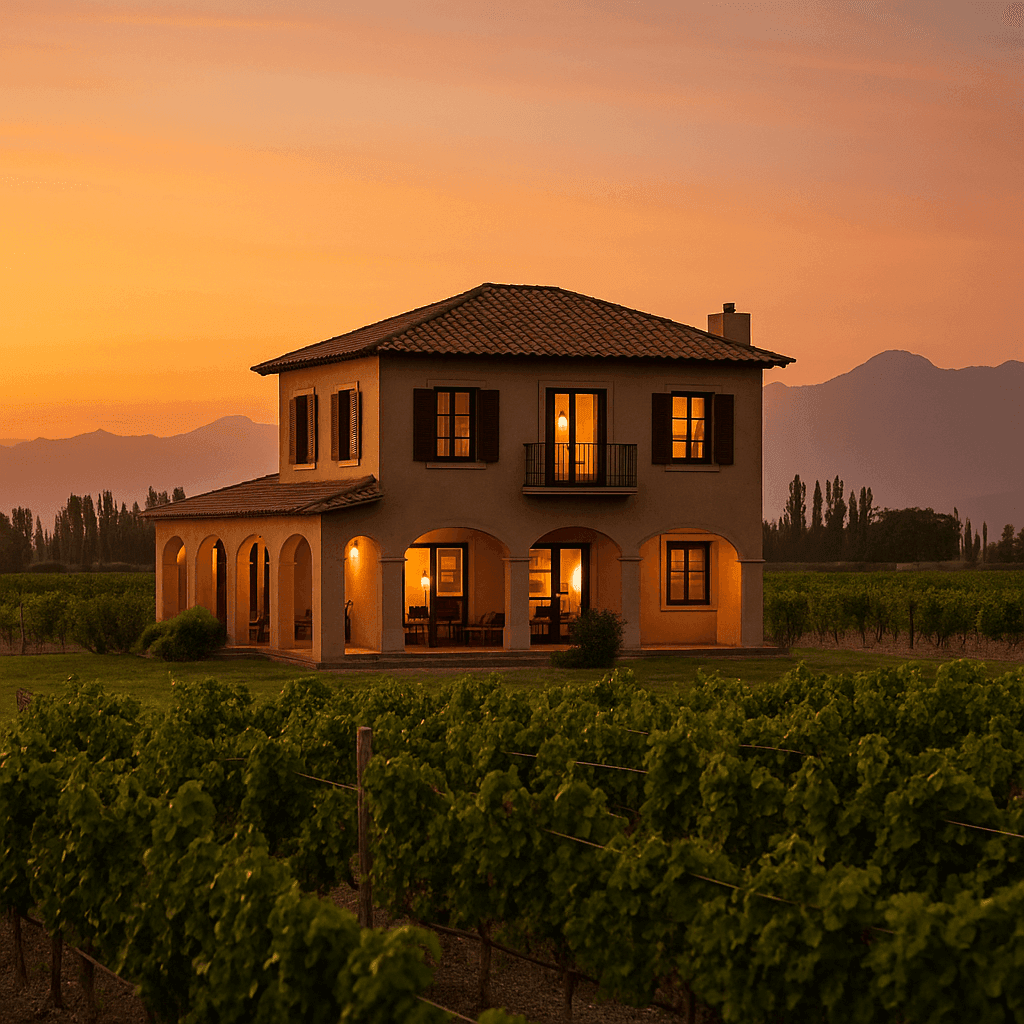Two-story farmhouse surrounded by vineyards at sunset, with warm lights glowing from the windows.