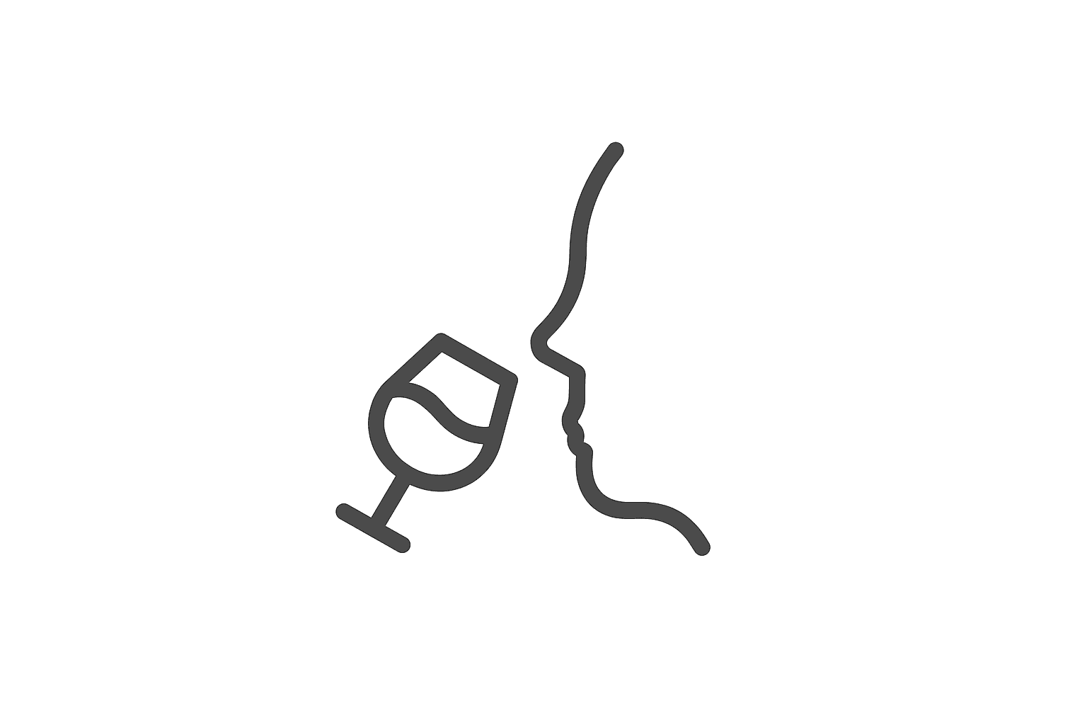 Simple line drawing of a face profile smelling or drinking from a wine glass.
