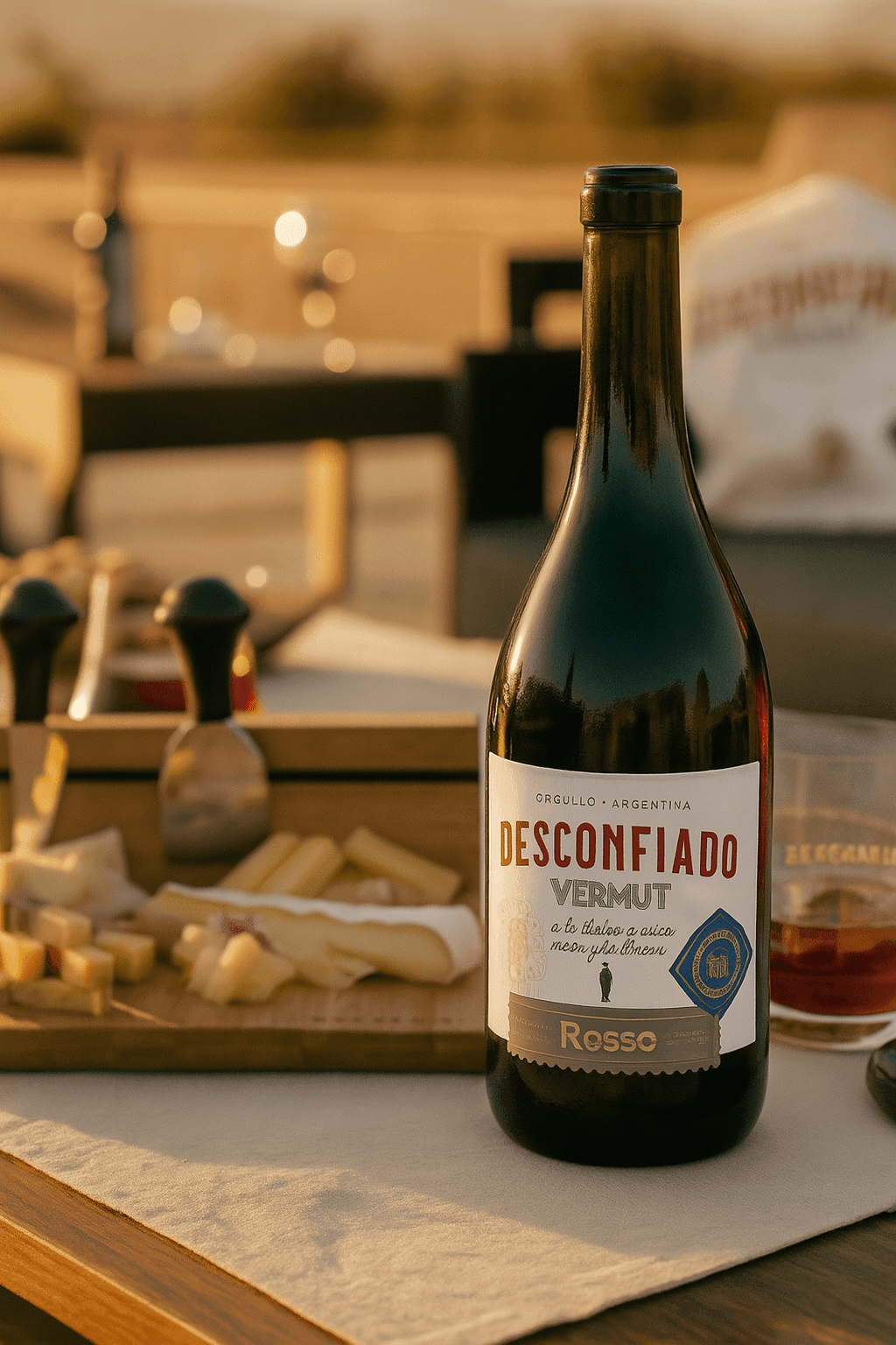 Bottle of Desconfiado Vermouth on table with cheese platter in soft focus background.