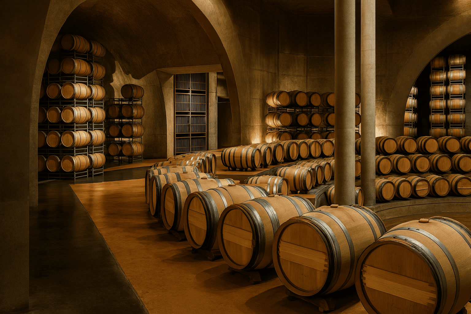 Interior of a wine cellar with rows of stacked wooden barrels under arched stone ceilings.
