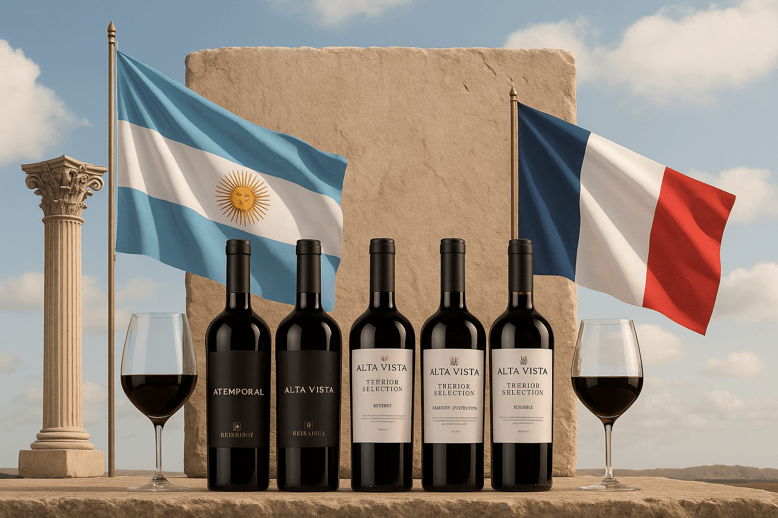 Five bottles of wine on a stone table with Argentine and French flags in the background.